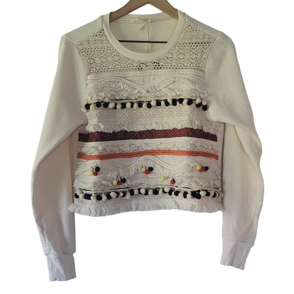 NEW Anthropologie Fringed Cream Sweatshirt - Size: Small - Picture 5 of 7